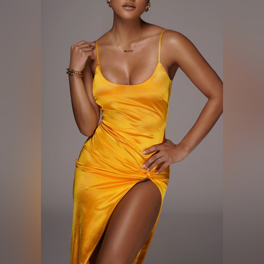 JLUXLABEL Yellow Satin High Slit Dress Sz M